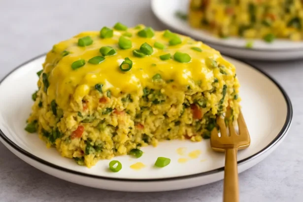 Delicious vegan breakfast casserole topped with fresh vegetables and herbs