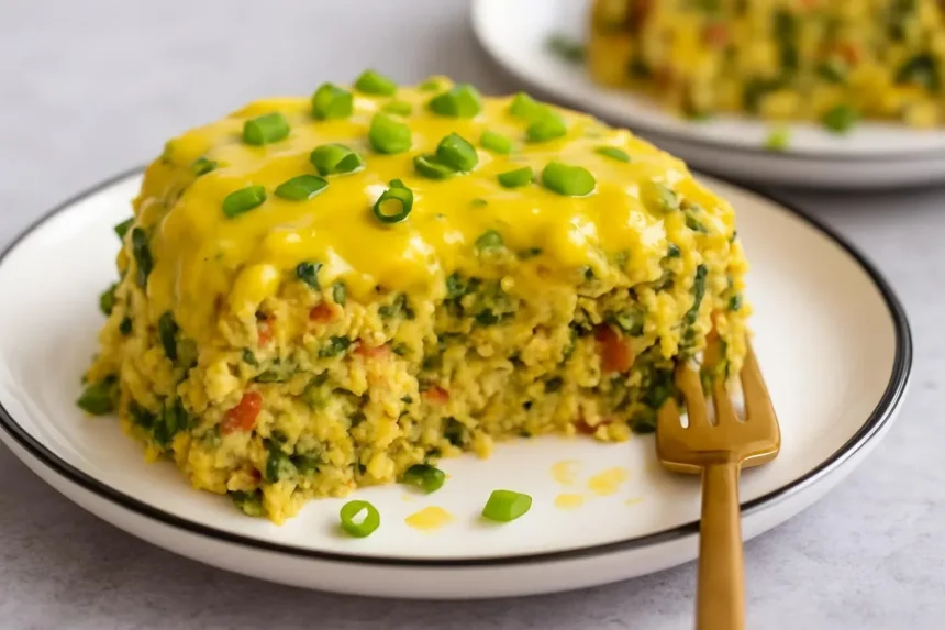Delicious vegan breakfast casserole topped with fresh vegetables and herbs
