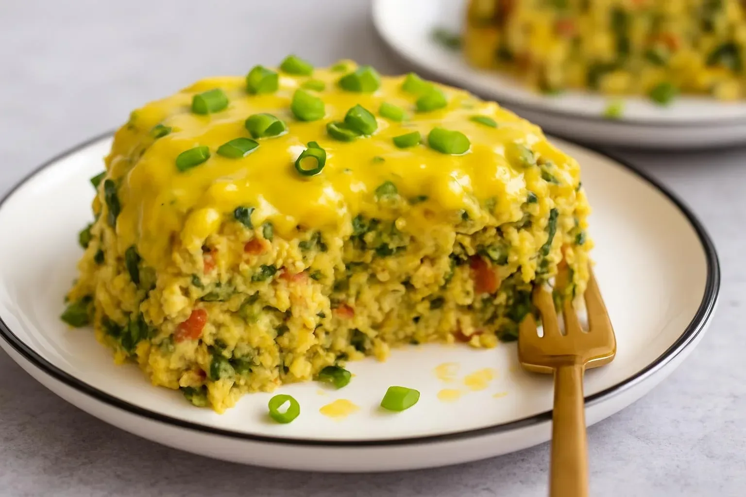 Delicious vegan breakfast casserole topped with fresh vegetables and herbs