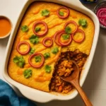 Delicious vegan green chile casserole topped with fresh herbs and spices