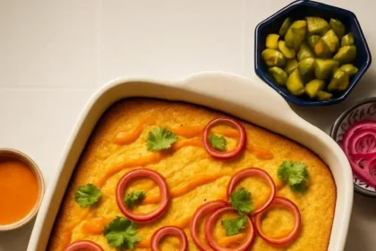 Delicious vegan green chile casserole topped with fresh herbs and spices