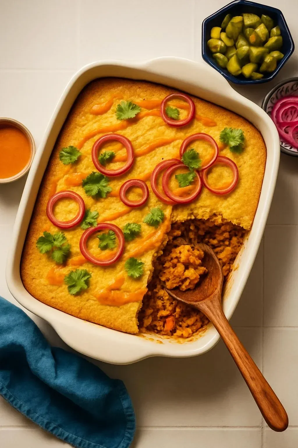 Delicious vegan green chile casserole topped with fresh herbs and spices