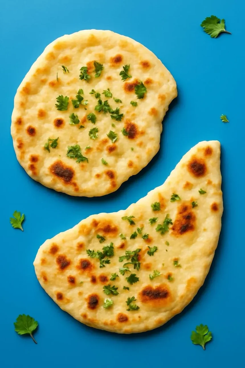 Freshly baked vegan naan served with curry on a wooden board