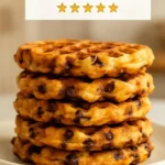 Delicious vegan oatmeal chocolate chip waffles topped with syrup and fruit.