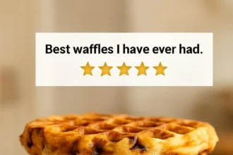 Delicious vegan oatmeal chocolate chip waffles topped with syrup and fruit.