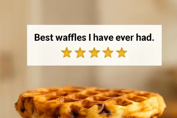 Delicious vegan oatmeal chocolate chip waffles topped with syrup and fruit.