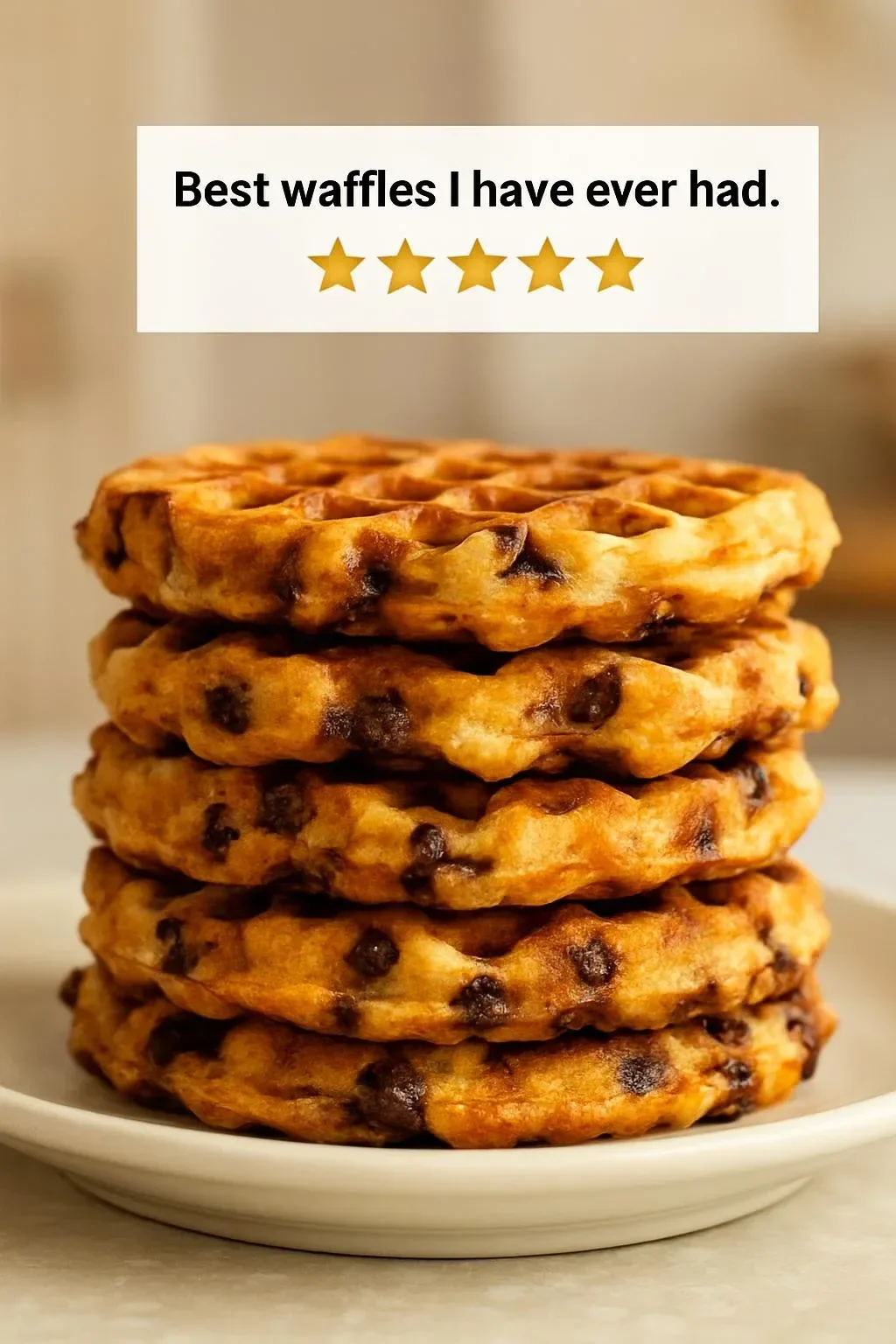 Delicious vegan oatmeal chocolate chip waffles topped with syrup and fruit.