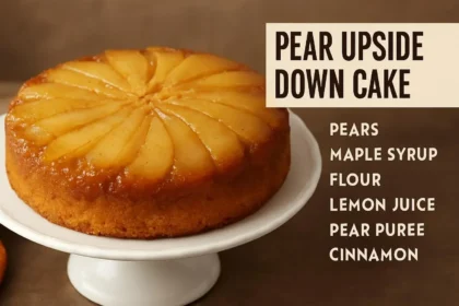 Vegan Pear Upside-Down Cake topped with caramelized pears.