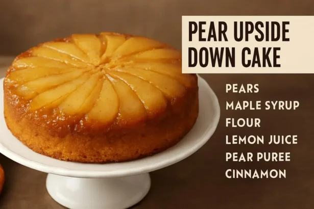 Vegan Pear Upside-Down Cake topped with caramelized pears.