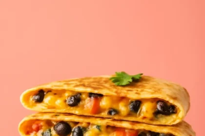 Delicious vegan quesadilla filled with vegetables and plant-based cheese