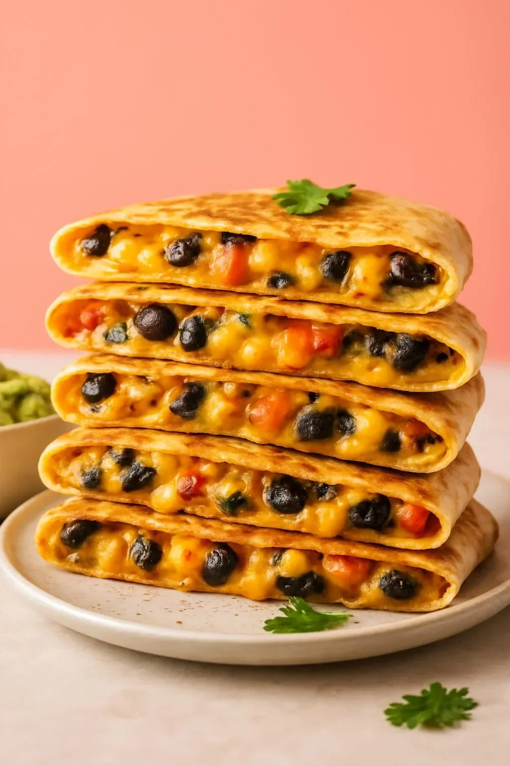 Delicious vegan quesadilla filled with vegetables and plant-based cheese