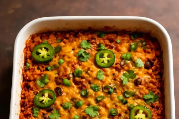 Delicious Vegan Tex-Mex Rice Casserole in a baking dish, garnished with cilantro.