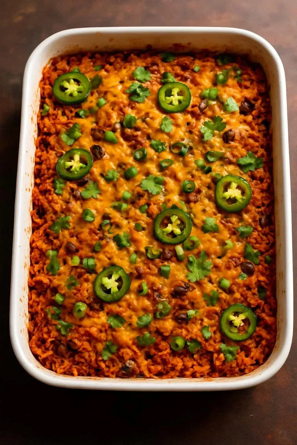 Delicious Vegan Tex-Mex Rice Casserole in a baking dish, garnished with cilantro.