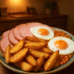 Plate of Wiltshire Gammon with triple cooked homemade chips and baked beans