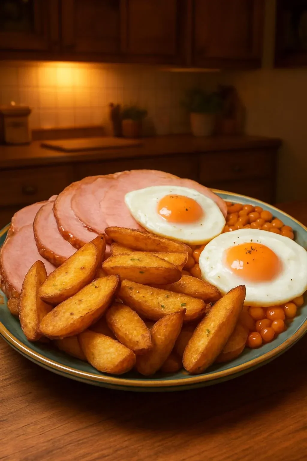 Plate of Wiltshire Gammon with triple cooked homemade chips and baked beans