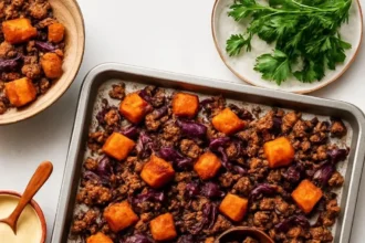 Delicious winter sheet pan meal with vegetables and chicken baked together.