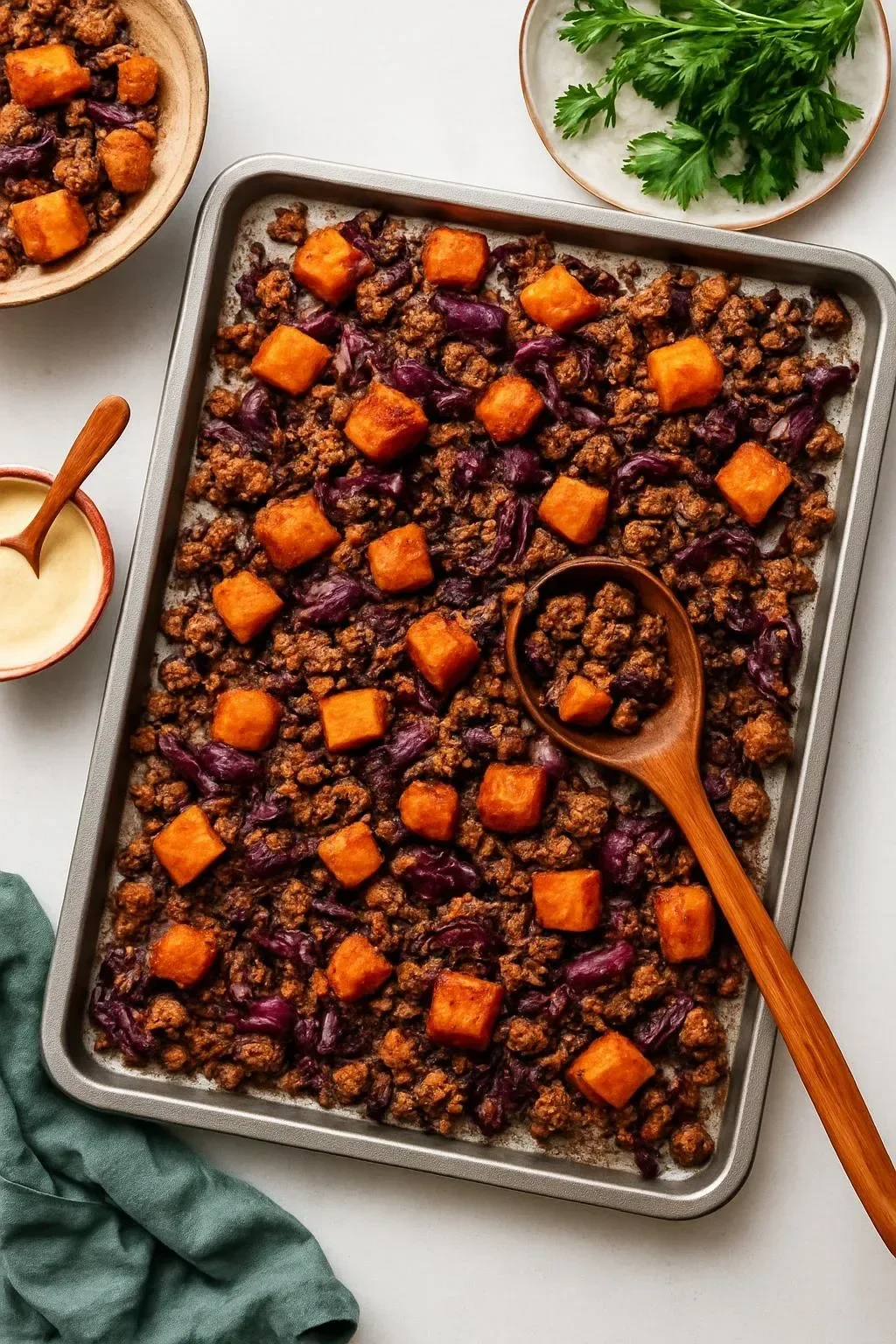 Delicious winter sheet pan meal with vegetables and chicken baked together.