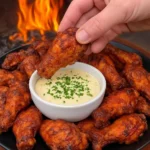 Plate of the best chicken wings with various sauces and garnishes