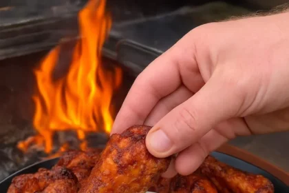 Plate of the best chicken wings with various sauces and garnishes