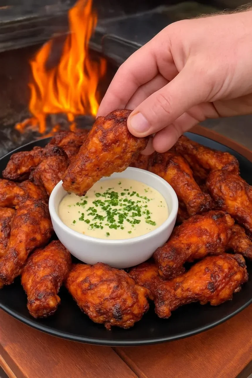 Plate of the best chicken wings with various sauces and garnishes
