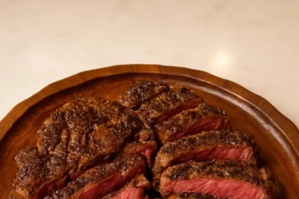 Delicious black garlic steak garnished with herbs on a plate