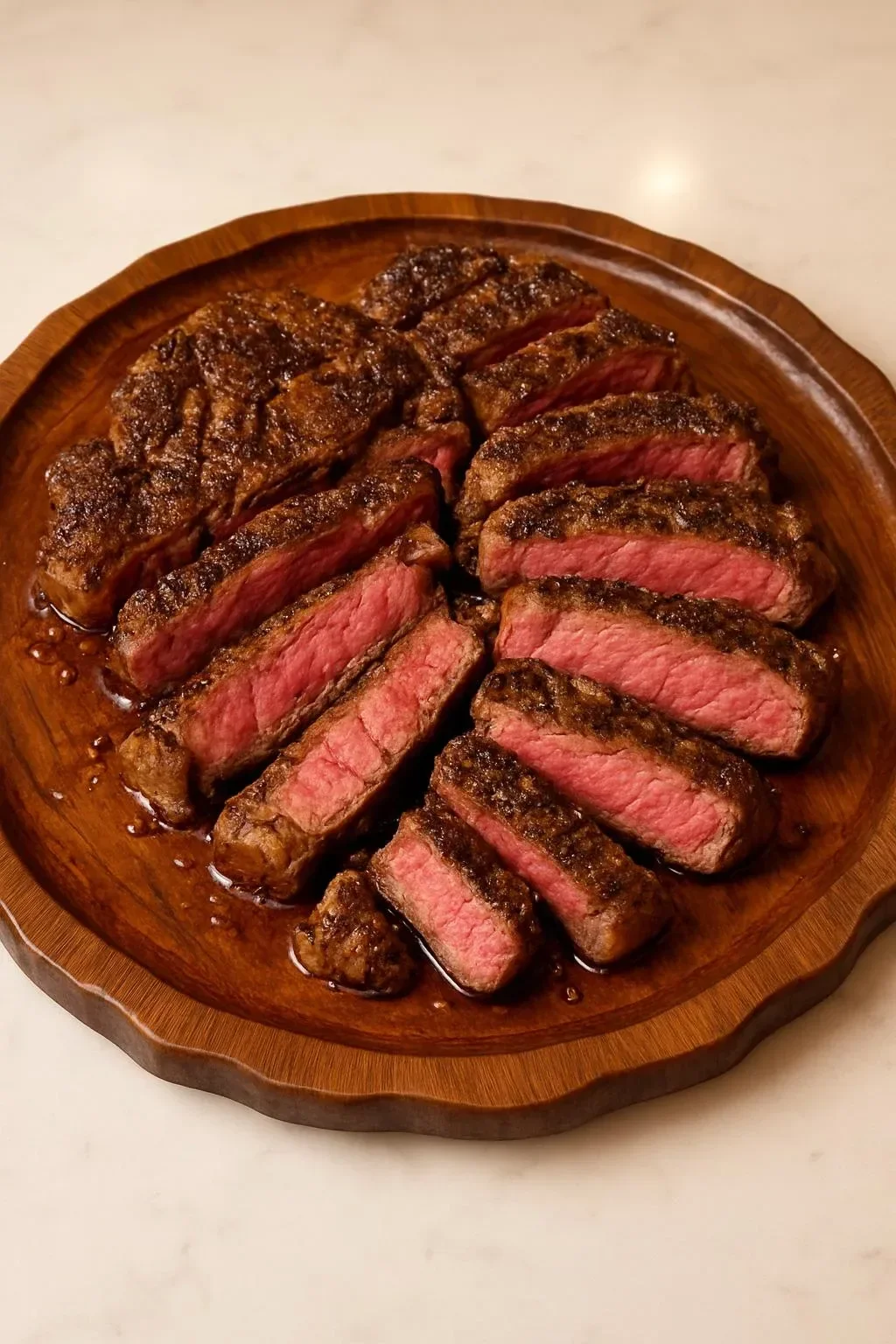 Delicious black garlic steak garnished with herbs on a plate