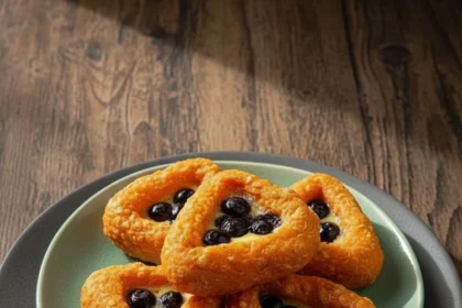 Freshly baked Blueberry Cheese Pastry Bites on a platter with blueberries