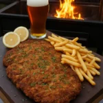 Crispy breaded meat served with golden fries on a plate