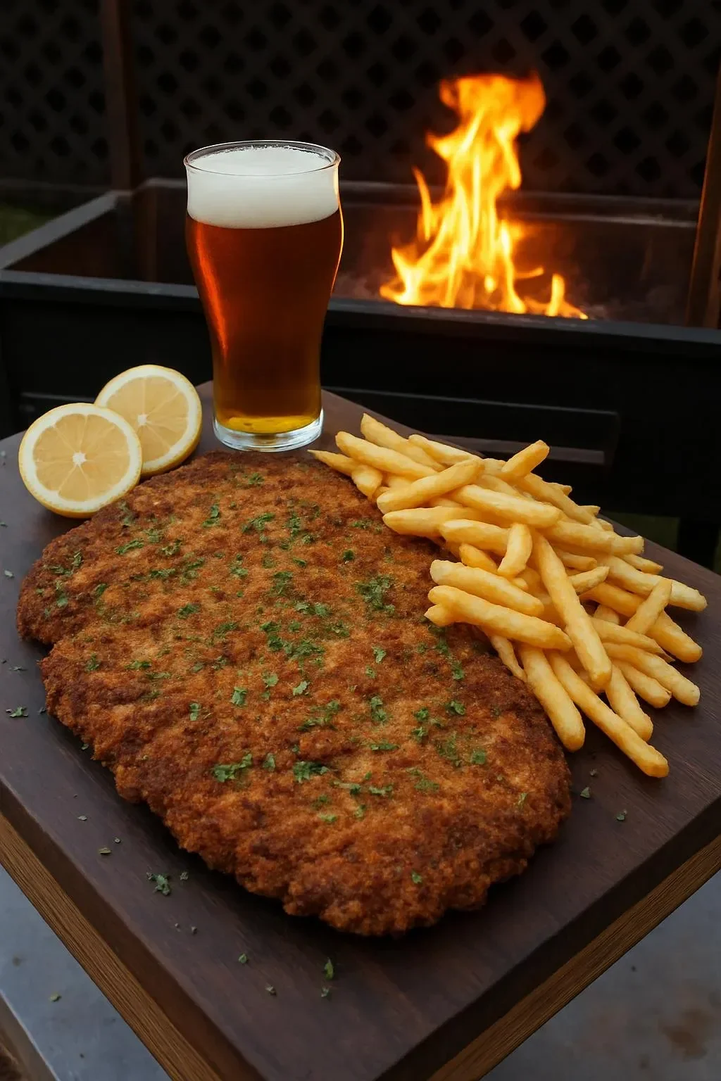 Crispy breaded meat served with golden fries on a plate