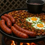 Delicious breakfast skillet with eggs, veggies, and savory toppings