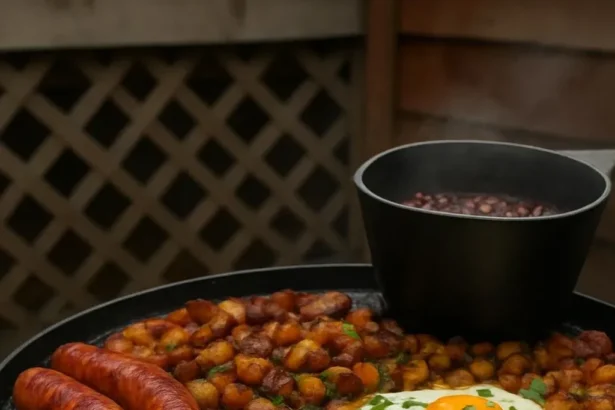 Delicious breakfast skillet with eggs, veggies, and savory toppings