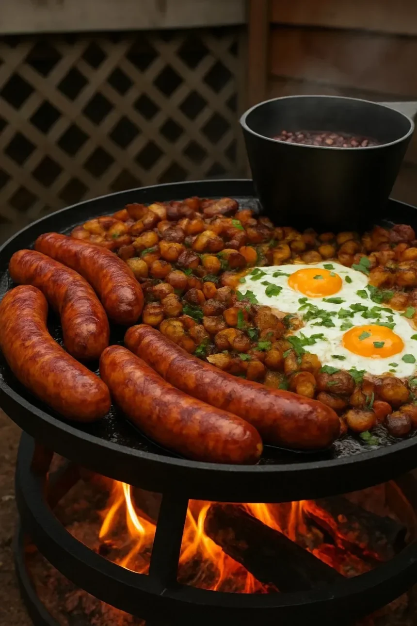 Delicious breakfast skillet with eggs, veggies, and savory toppings