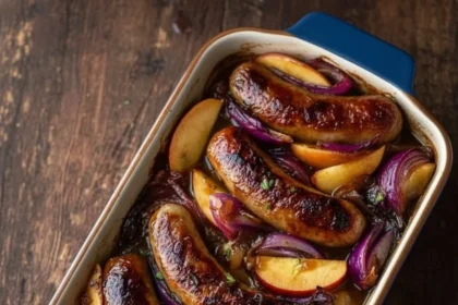Caramelized sausages cooked with apples and red onions on a plate