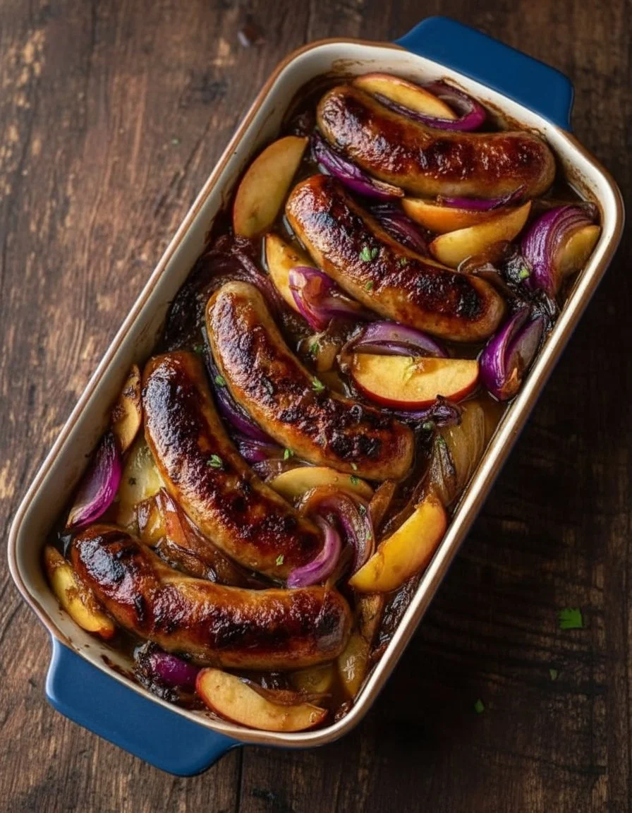 Caramelized sausages cooked with apples and red onions on a plate
