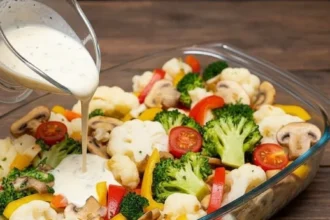Cheesy baked vegetable casserole with colorful vegetables and melted cheese