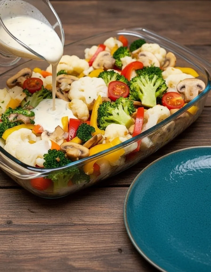 Cheesy baked vegetable casserole with colorful vegetables and melted cheese