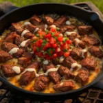 Delicious cheesy fries topped with melted cheese in a serving dish