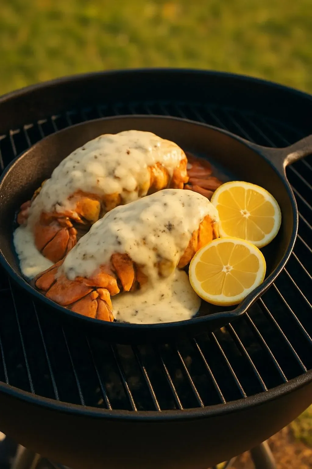 Delicious Cheesy Smoked Lobster topped with melted cheese and herbs