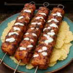 Grilled chicken skewers with vegetables ready for serving