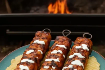 Grilled chicken skewers with vegetables ready for serving