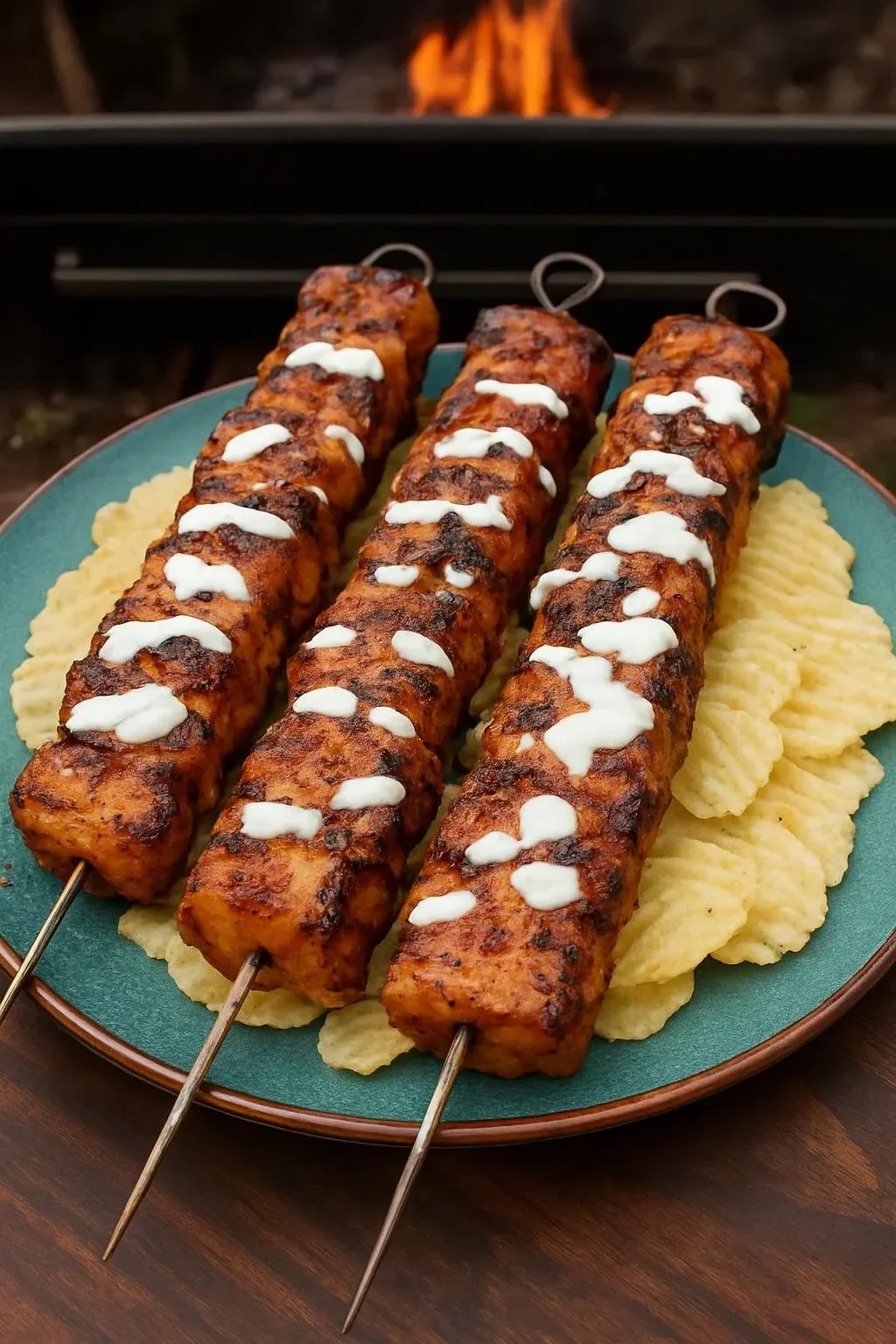 Grilled chicken skewers with vegetables ready for serving