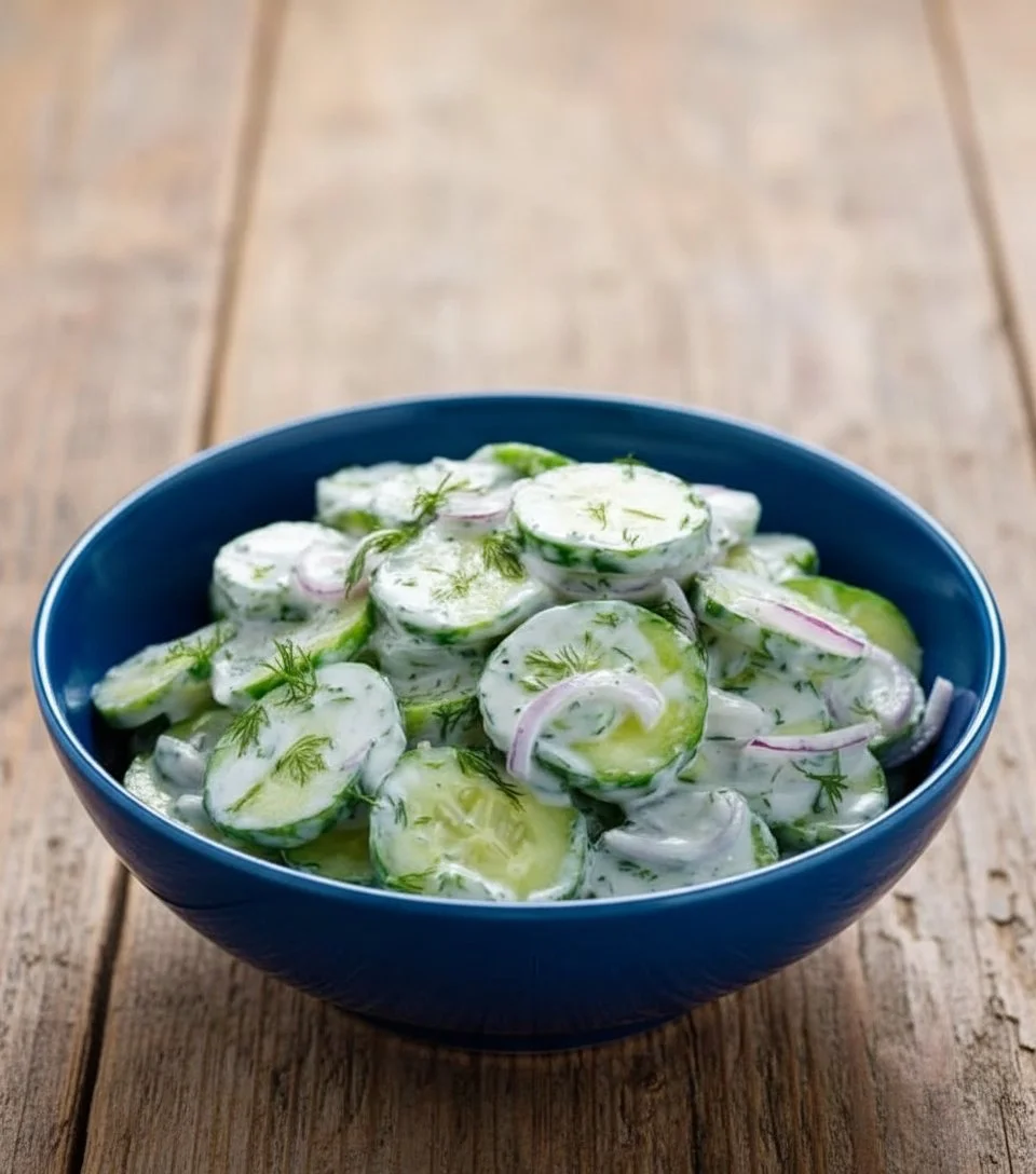 Creamy cucumber salad with sour cream served in a bowl