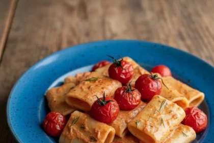 Creamy roasted tomato pasta dish served with fresh basil