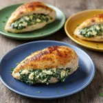 Creamy spinach and cheese stuffed chicken on a plate.