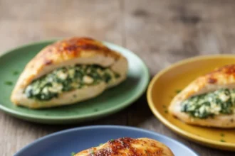 Creamy spinach and cheese stuffed chicken on a plate.