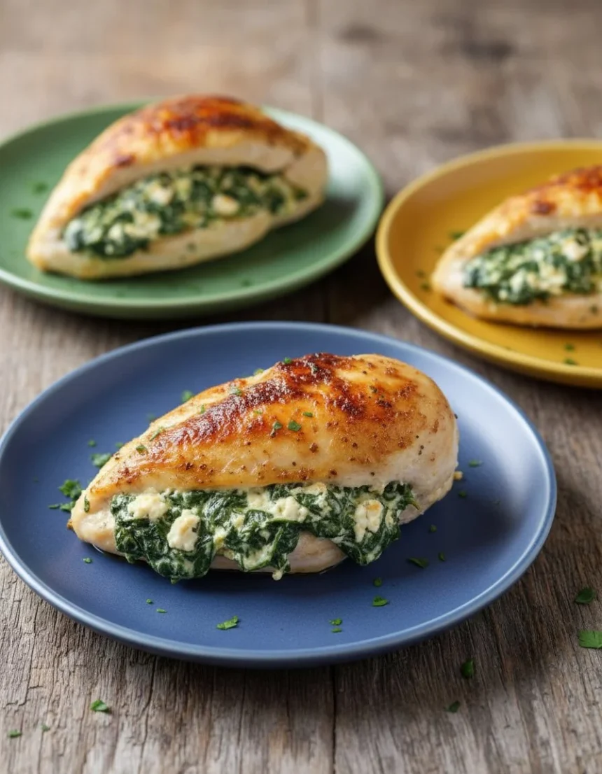 Creamy spinach and cheese stuffed chicken on a plate.