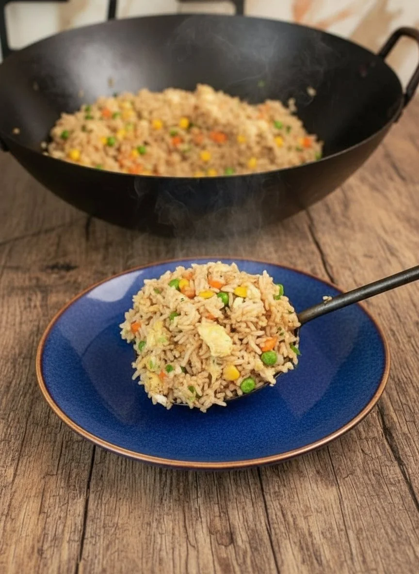Plate of easy chicken fried rice garnished with green onions and vegetables.