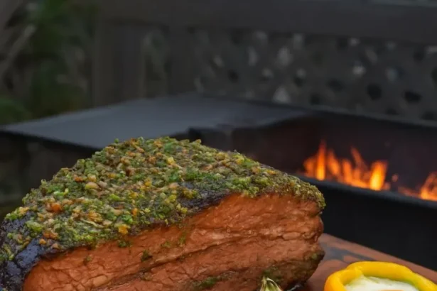 Grilled flank steak with herbs and spices on a barbecue grill