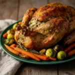 Herb-roasted stuffed chicken dish garnished with herbs