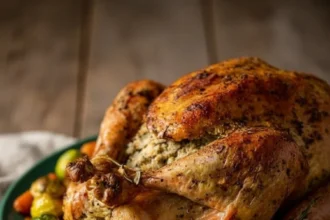 Herb-roasted stuffed chicken dish garnished with herbs